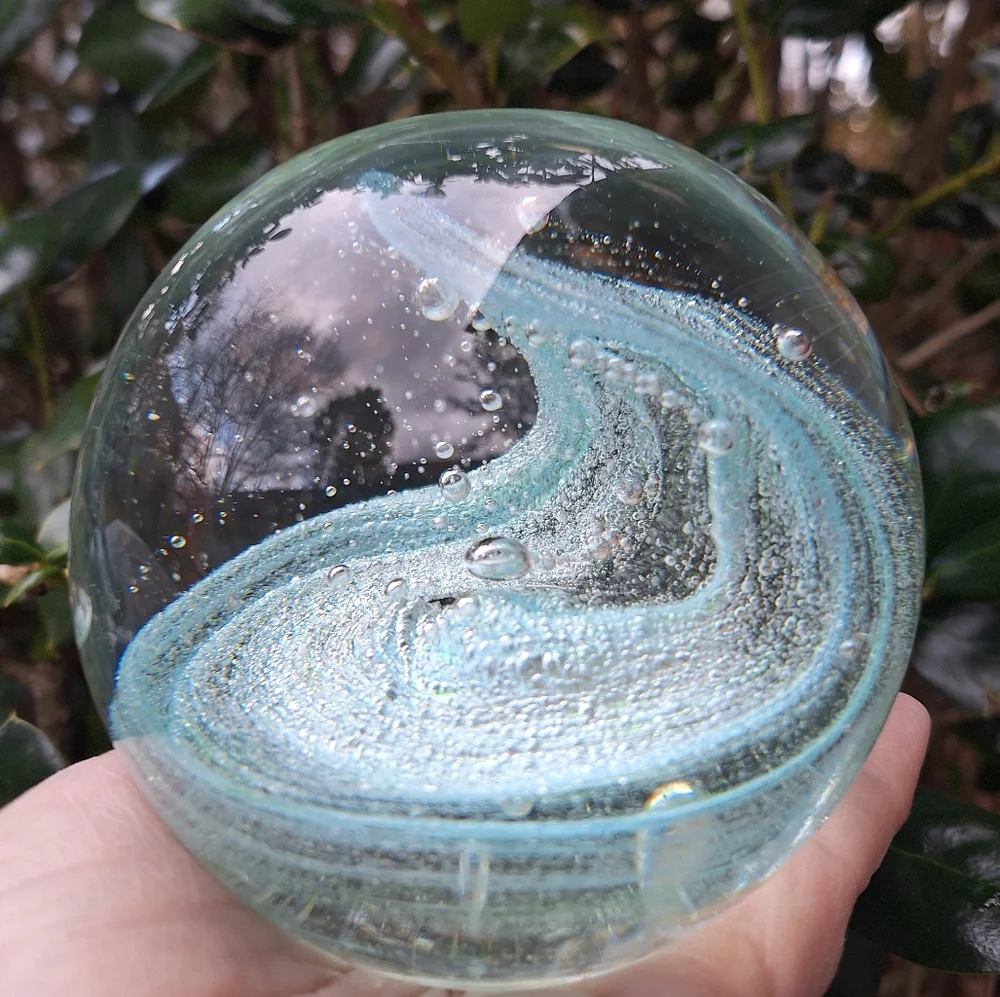 Bubble Glass Paper Weight Hand Made Blown Magic Teal Aqua Green Tinted Pearl - Picture 4 of 16